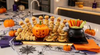 A Halloween appetizer platter with mummy dogs, spider crackers, cheese ball pumpkin, and veggie dip.