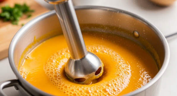 Blending Roasted Tomato Basil Soup until smooth