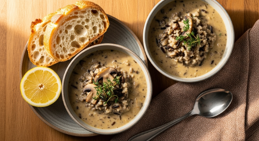Two bowls of mushroom and wild rice soup ready to serve