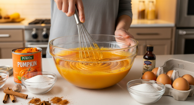Hands whisking pumpkin pie filling in a glass bowl with ingredients in the background on a modern kitchen counter.