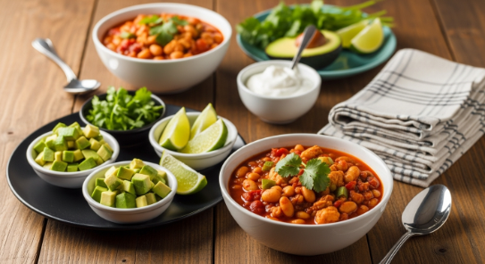 Served bowls of Turkey and White Bean Chili with toppings