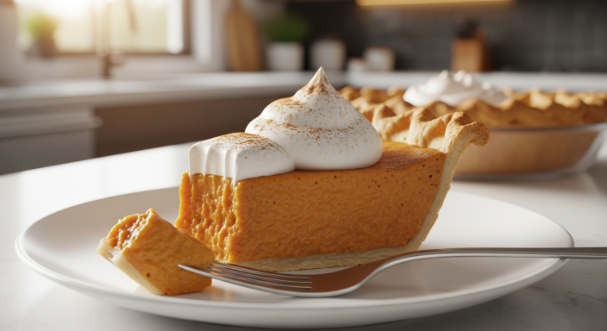 Slice of Classic Bourbon Pumpkin Pie with whipped cream