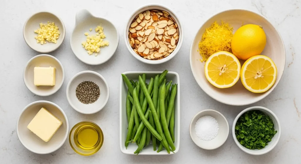 Ingredients for Air Fryer Green Beans Almondine laid out in bowls
