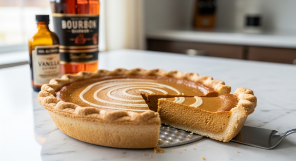 Classic Bourbon Pumpkin Pie hero shot with slice pulled out