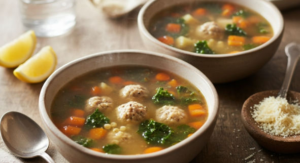Final bowl of Italian Wedding Soup with Fall Vegetables