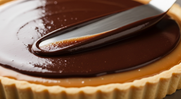 smoothing ganache over caramel layer salted caramel chocolate tart