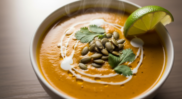 Creamy Pumpkin Coconut Curry Soup garnished with pepitas and cilantro