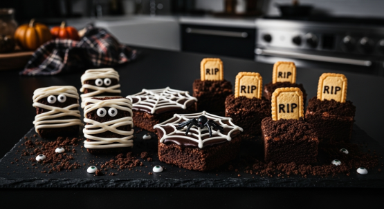 Assorted Halloween brownies decorated as mummies, spiderwebs, and graveyards on a dark platter