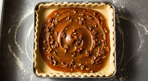 Chopped pecans folded into glossy caramel for Brown Butter Pecan Bars