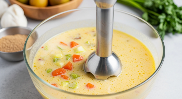 Partially blending Loaded Baked Potato Soup with an immersion blender