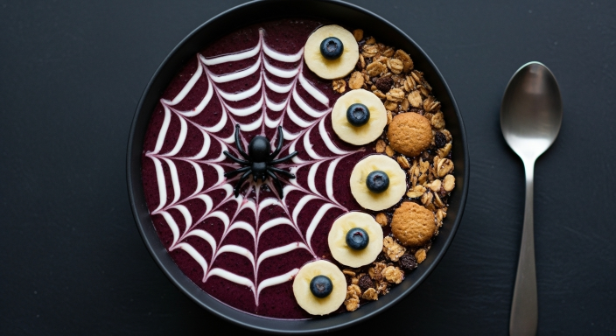 Decorating the Spooky Smoothie Bowl Recipe with eyes and cookie dirt