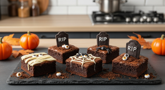 Party platter of Halloween brownies—mummy, spiderweb, and graveyard designs on a dark slate board