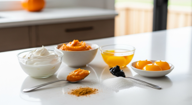 Pumpkin Crème Brûlée ingredients flat lay in a modern kitchen