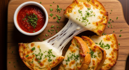 Sliced cheesy garlic bread recipe served with marinara