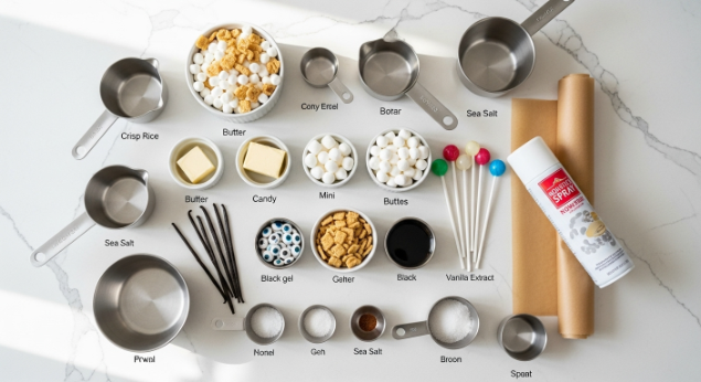 Ingredients for Ghost Rice Krispie Pops on a modern kitchen counter