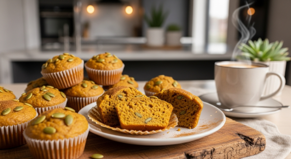 Golden pumpkin protein muffins on a wooden board, one cut open to show fluffy texture