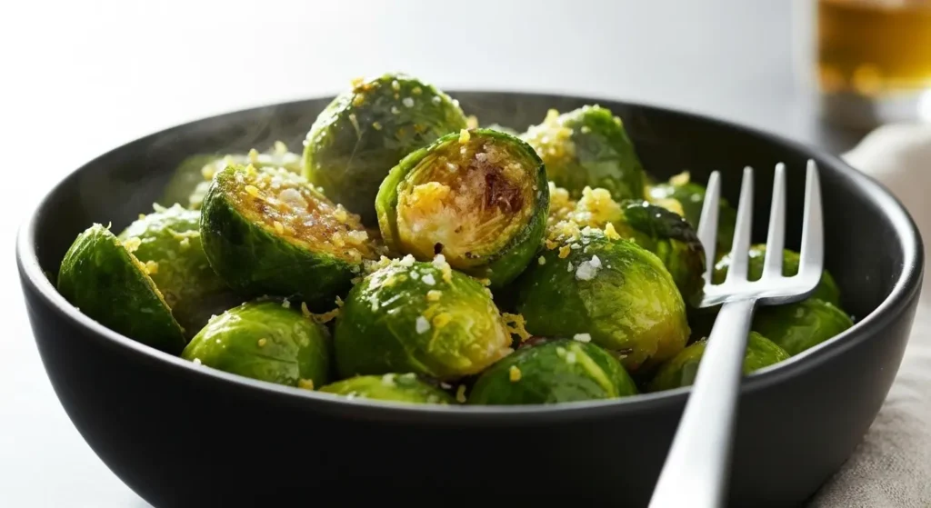 Finished Honey-Mustard Air Fryer Brussels Sprouts with lemon zest