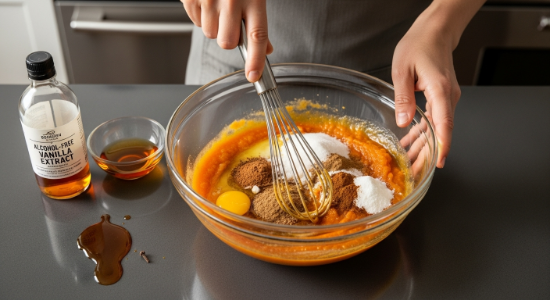 Mixing pumpkin filling for Classic Bourbon Pumpkin Pie