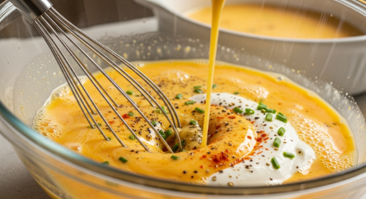 Pouring seasoned egg mixture over layered casserole