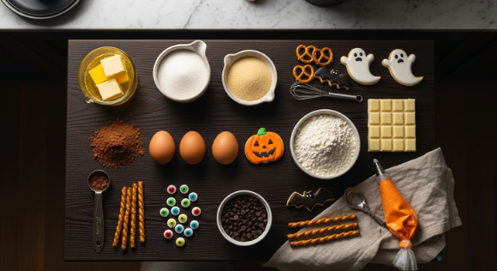 Flat lay of Halloween brownie ingredients cocoa, butter, sugar, eggs, chocolate chips, candy eyes—on a counter in a modern kitchen