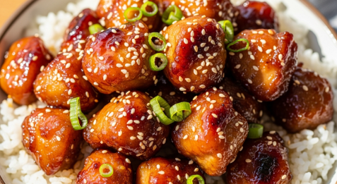 Air Fryer Honey Garlic Chicken over rice with sesame and scallions