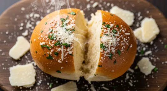 Split garlic-parmesan roll showing soft interior and golden top