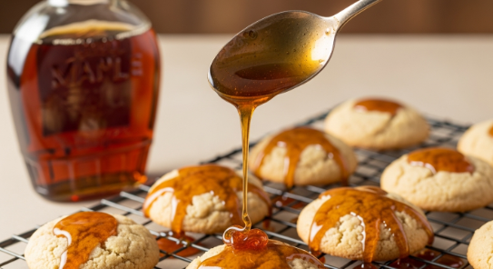 drizzling maple glaze over pumpkin snickerdoodles on cooling rack
