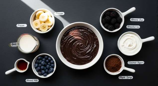 Ingredients for Spooky Smoothie Bowl Recipe arranged in bowls