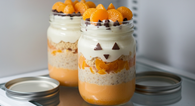 Jars of Orange Creamsicle Overnight Oats chilling in the fridge
