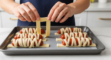 Hands wrapping mini hot dogs with puff pastry strips to make mummy dogs in a modern kitchen.