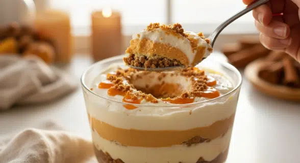 pumpkin spice trifle with gingersnap layers spoonful close-up
