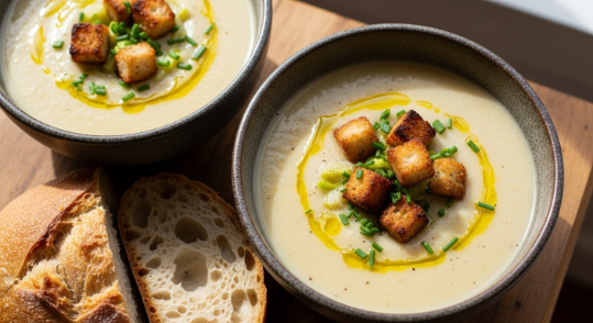 Two bowls of creamy cauliflower and leek soup with chives and croutons