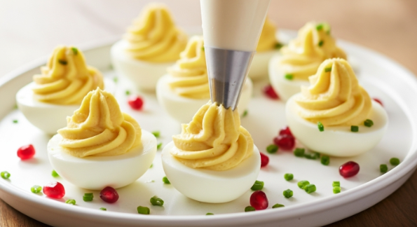 Piping yolk filling into egg white halves