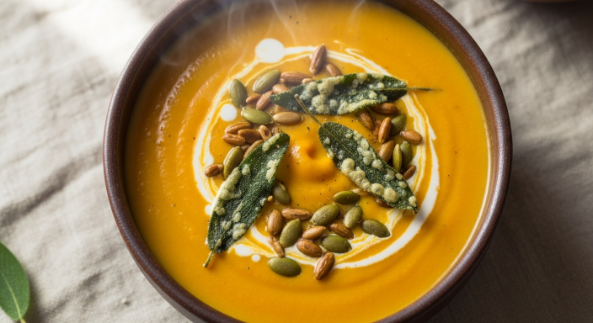 Creamy butternut squash soup with sage garnished with pepitas and crispy sage
