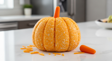 Shaping a cheese ball into a pumpkin with scored lines and a baby carrot stem.