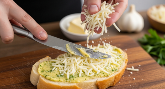 Spreading garlic butter and adding cheese to bread halves