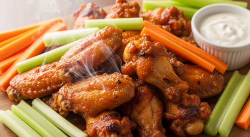Crispy air fryer chicken wings with buffalo sauce on a platter with veggies