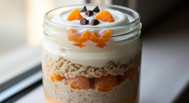 Garnishing Orange Creamsicle Overnight Oats with mandarin and Halloween face