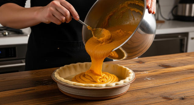 Pouring pumpkin pie filling into a raw pie crust in a ceramic dish on a rustic wooden countertop.