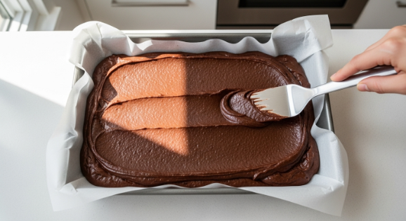 Spreading thick brownie batter in a parchment-lined 9x13 metal pan
