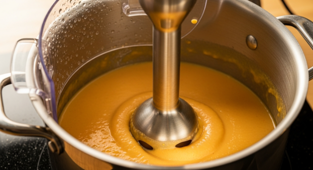 Immersion blending the soup to a silky texture