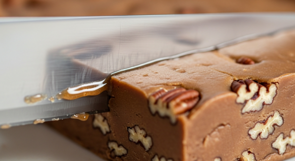 o cutting chilled maple pecan fudge squares with hot knife