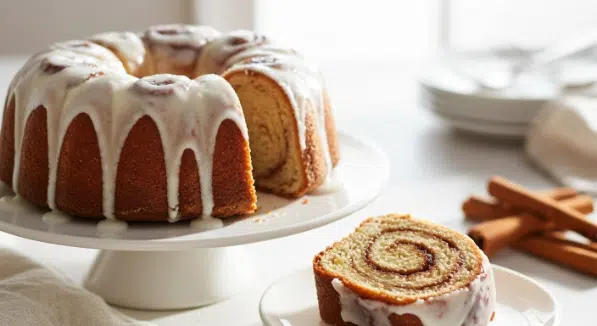 Cinnamon Roll Bundt Cake with Cream Cheese Glaze on stand with dripping icing