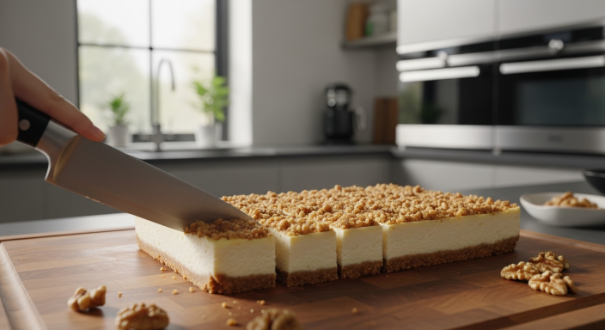 Slicing chilled Maple Walnut Sweet Potato Cheesecake Bars into squares
