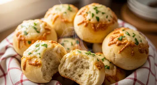 Golden no-knead air fryer garlic-parmesan rolls in a basket with parsley