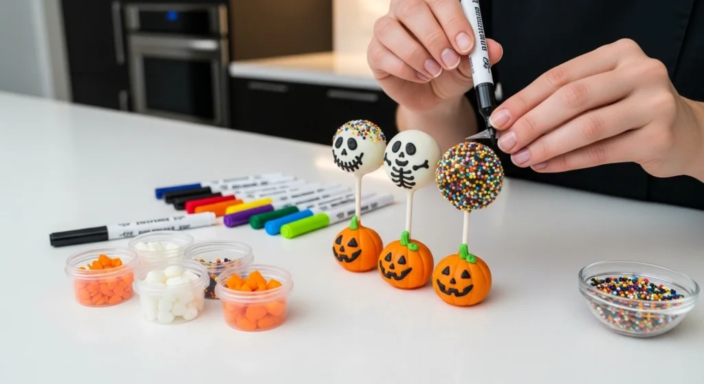 Decorating cake pops with pumpkin and skeleton faces using fondant and edible markers