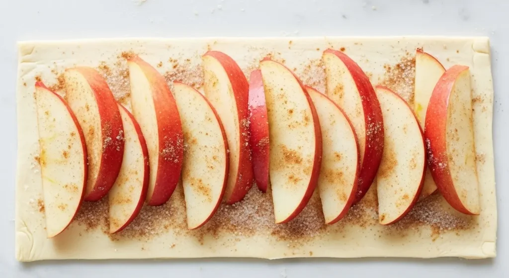 Puff pastry strip lined with apple slices and cinnamon sugar