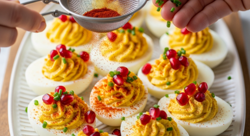 Garnishing deviled eggs with paprika, chives, and pomegranate
