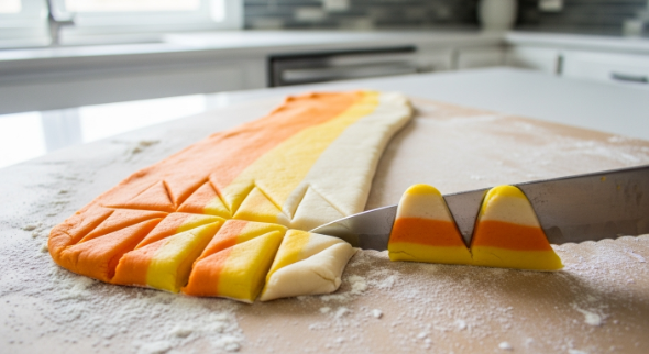 Homemade candy corn dough strips in orange, yellow, and white being cut into triangle pieces