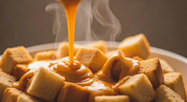 Pouring custard over bread for Pumpkin Spice French Toast Bake